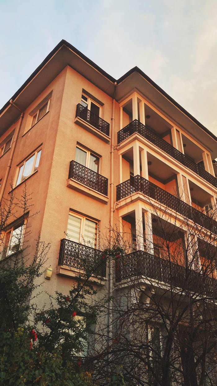 About Low angle view of an urban apartment building in Ankara, Turkey, at sunset.